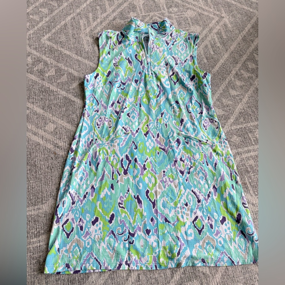 IBKUL Aqua Dress with Lime & Lavender Accents ikat design golf upf50 sleeveless